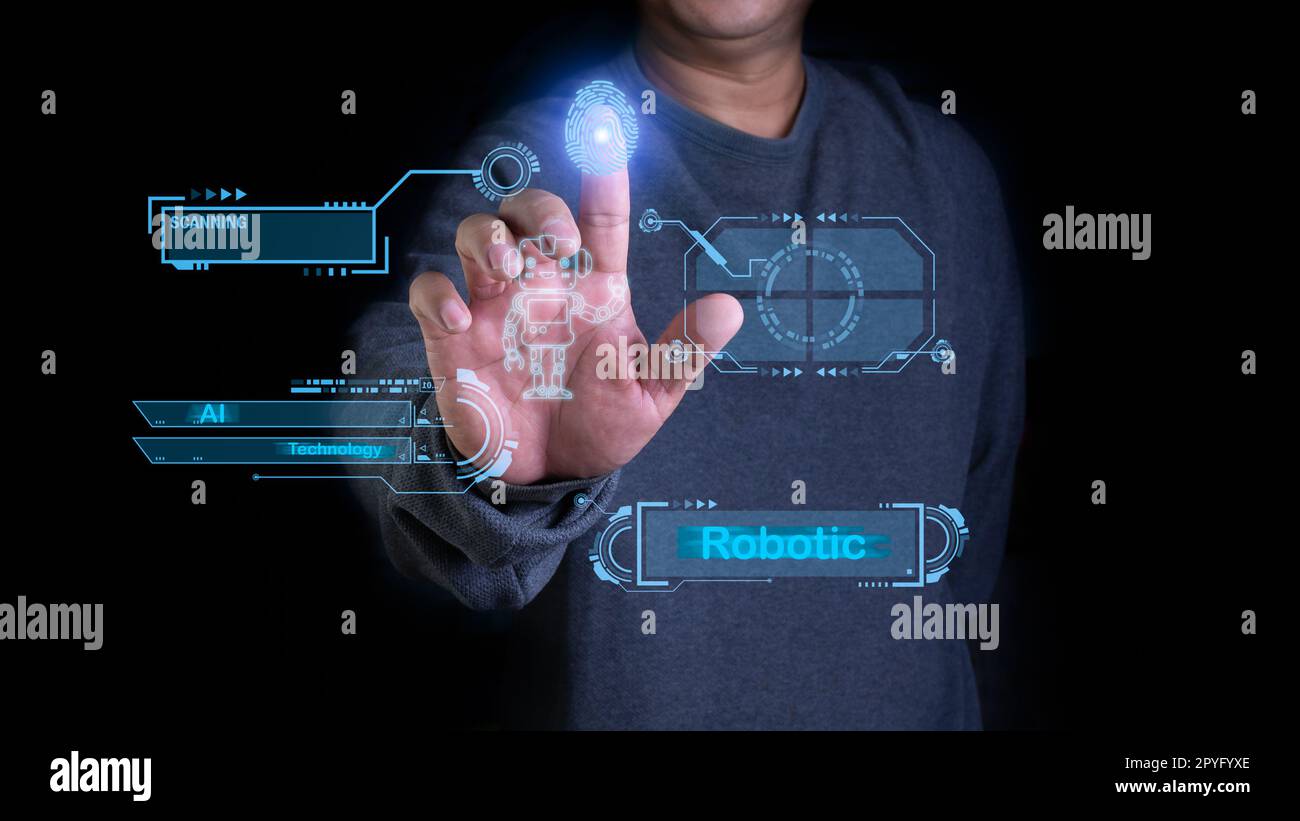 Eine Person drückt einen Fingerscan, um das AI-System zu aktivieren. KI-Systeme können Menschen dabei unterstützen, schneller und besser zu arbeiten. Stockfoto