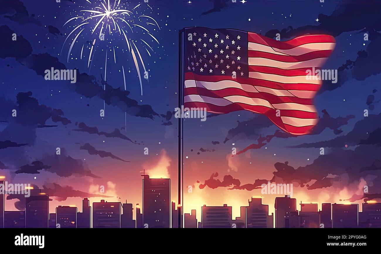 Die amerikanische Flagge weht stolz, begleitet von einem atemberaubenden Feuerwerk über der Skyline der Stadt. Am 4. Juli feiert man den Unabhängigkeitstag Stockfoto