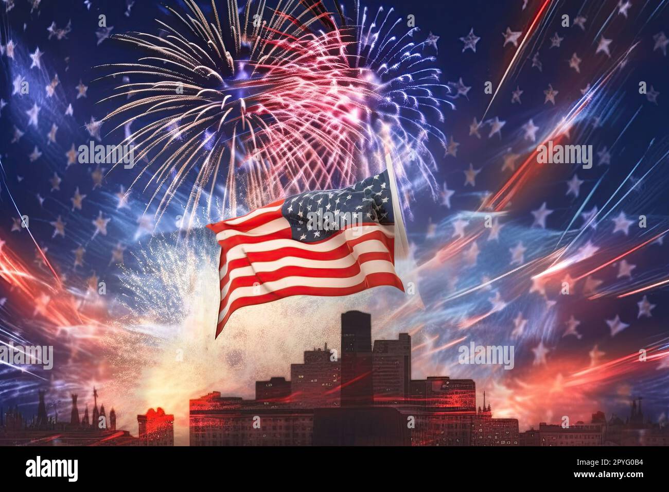 Die amerikanische Flagge flattert stolz am Nachthimmel, begleitet von einem atemberaubenden Feuerwerk, das die herrliche Skyline der amerikanischen Stadt beleuchtet Stockfoto