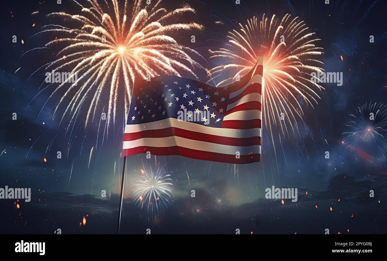 Die amerikanische Flagge weht stolz am Nachthimmel, während Feuerwerke die Skyline der amerikanischen Stadt erleuchten. Es ist der 4. Juli, und die Nation ist es Stockfoto