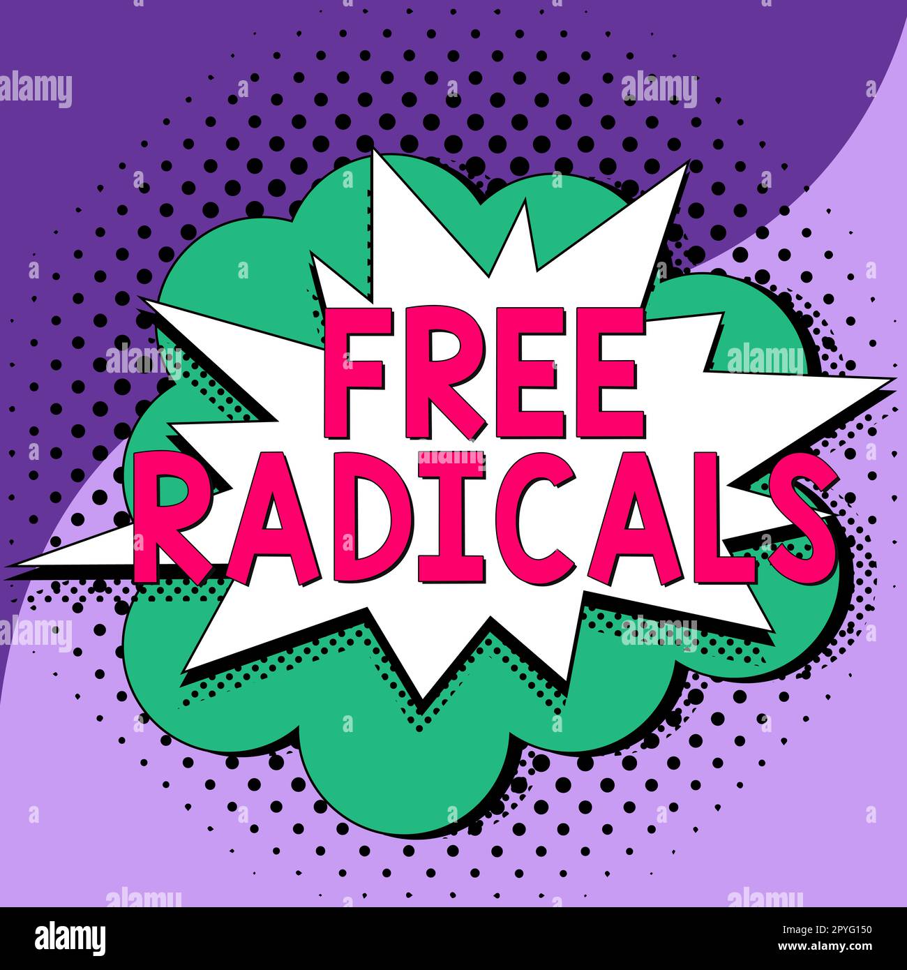 Konzeptionelle Anzeige von freien Radikalen. Wort für im Körper durch natürliche Prozesse hergestellt oder durch Tabakrauch, Giftstoffe eingeführt Stockfoto