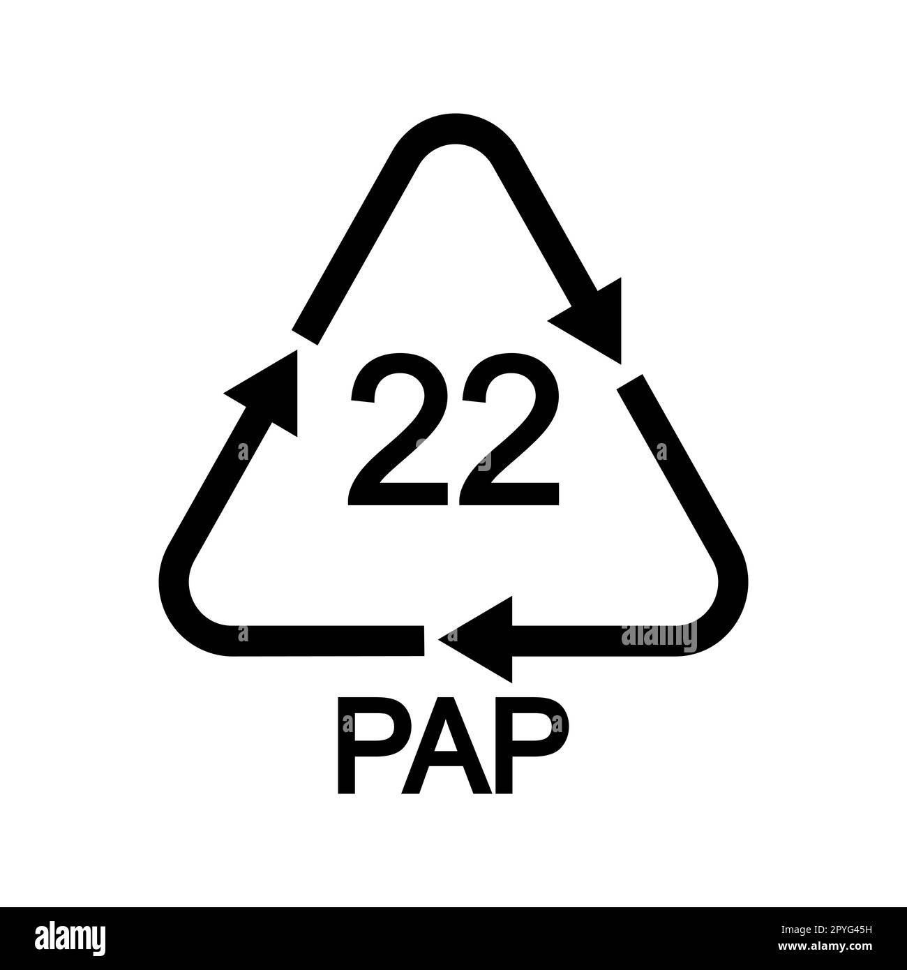 Schild für normales Recycling von Papier. 22 PAP in dreieckiger Form mit Pfeilen wie Zeitungen, Bücher, Zeitschriften, Geschenkpapier, Tapeten, Wiederverwendbare Papierbeutel Stock Vektor
