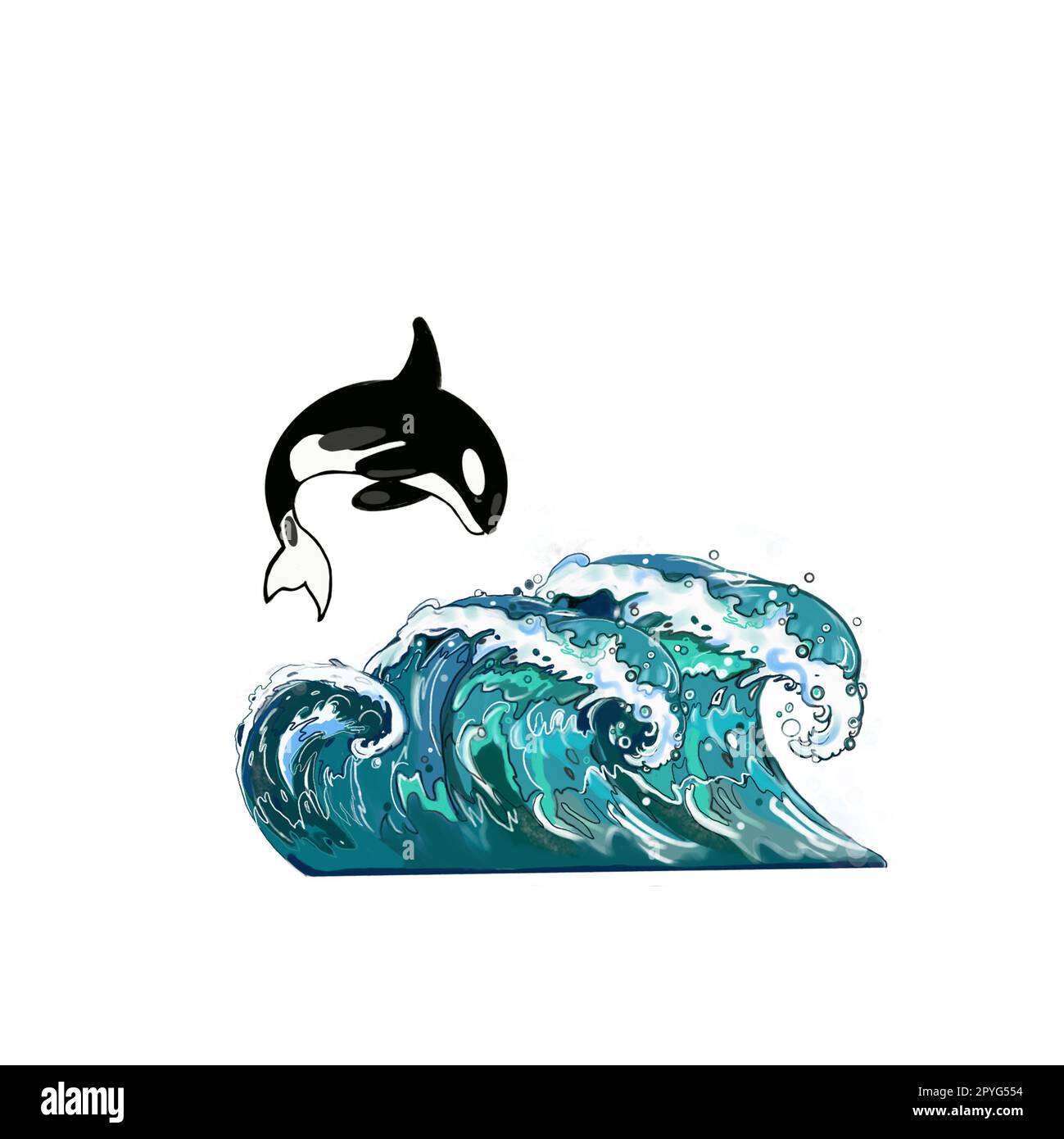 Sea Set, ein Wal auf einer Welle und ein weißer Hintergrund, von Hand gezeichnet, perfekt für das Design von Postkarten, Broschüren, Kleidung, Geschirr Stockfoto