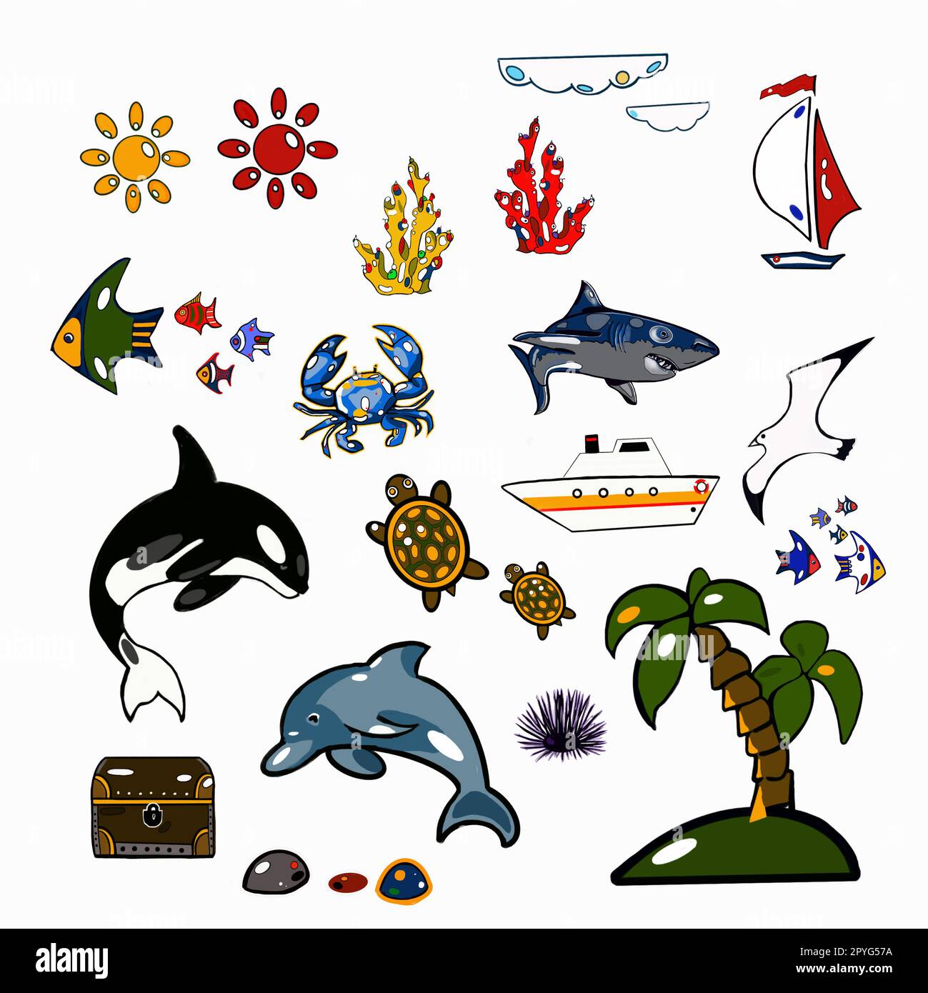 Sea Set, Marineset auf weißem Hintergrund, von Hand gezeichnet, perfekt für das Design von Postkarten, Broschüren, Kleidung, Geschirr Stockfoto