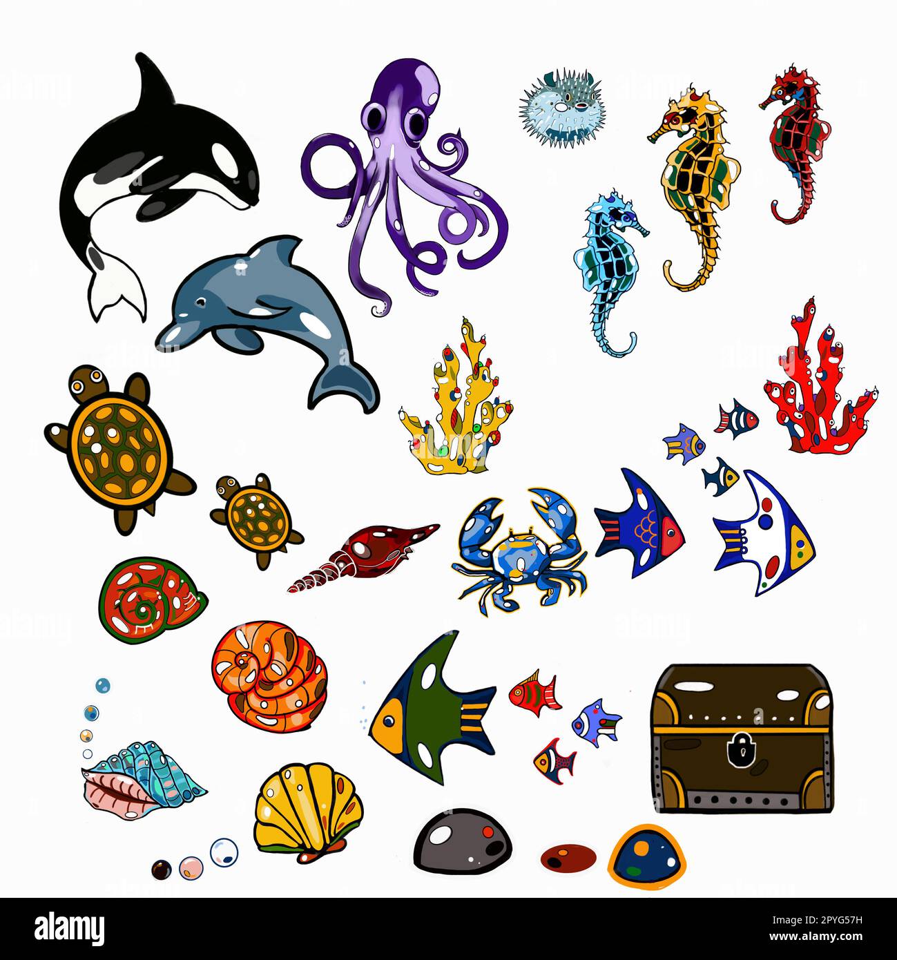 Sea Set, Marineset auf weißem Hintergrund, von Hand gezeichnet, perfekt für das Design von Postkarten, Broschüren, Kleidung, Geschirr Stockfoto