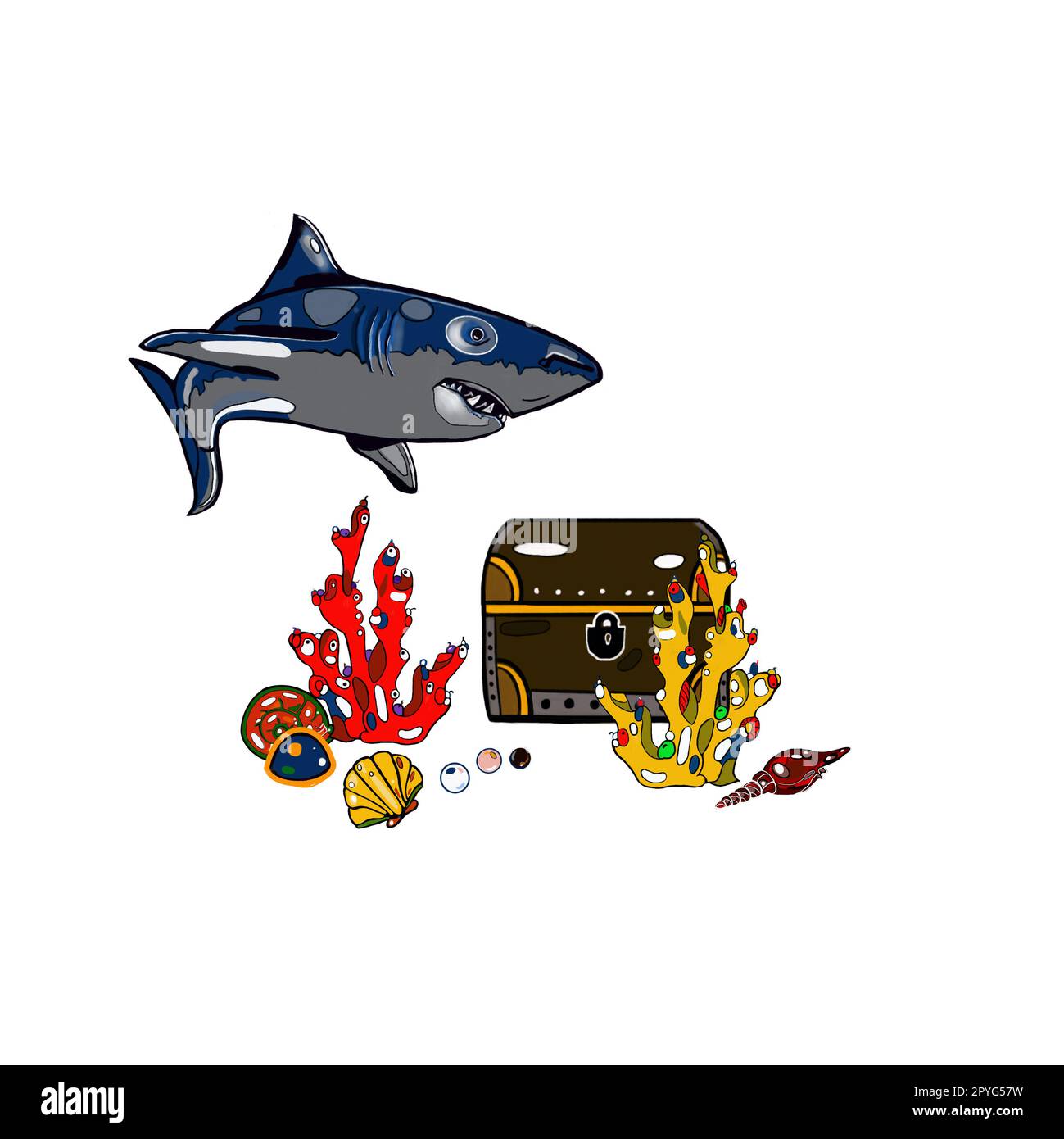 Seegang, Haikorallen, Fische, Seepferdchen auf weißem Hintergrund, von Hand gezeichnet, perfekt für das Design von Postkarten, Broschüren, Kleidung, Geschirr Stockfoto