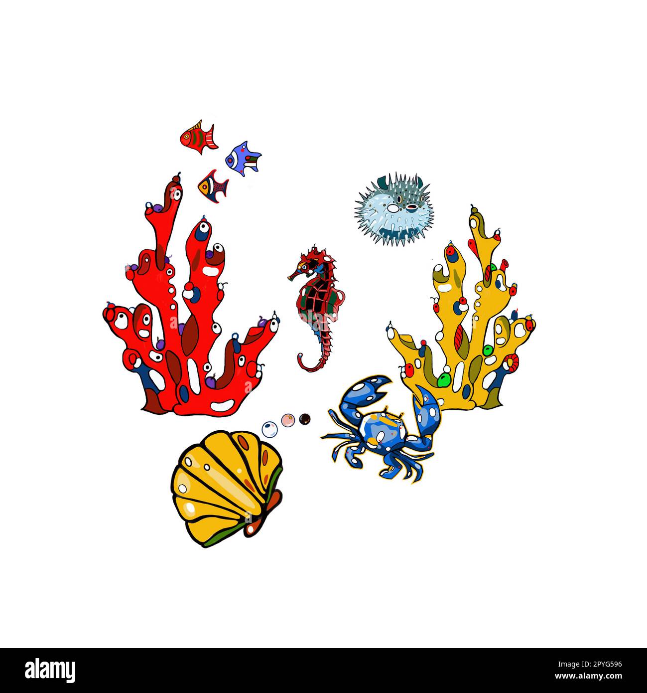 Meer, Meer, Schätze, Korallen, Fische, seepferdchen auf weißem Hintergrund, von Hand gezeichnet, perfekt für das Design von Postkarten, Broschüren, Kleidung, Geschirr Stockfoto