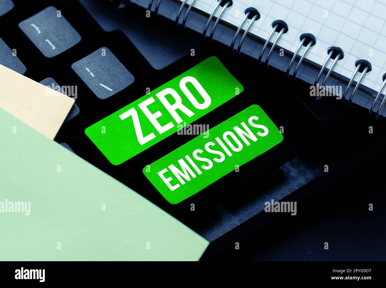 Schild mit dem Hinweis „Null Emissionen“. Das Wort für emittiert keine umweltschädlichen Abfallprodukte Stockfoto