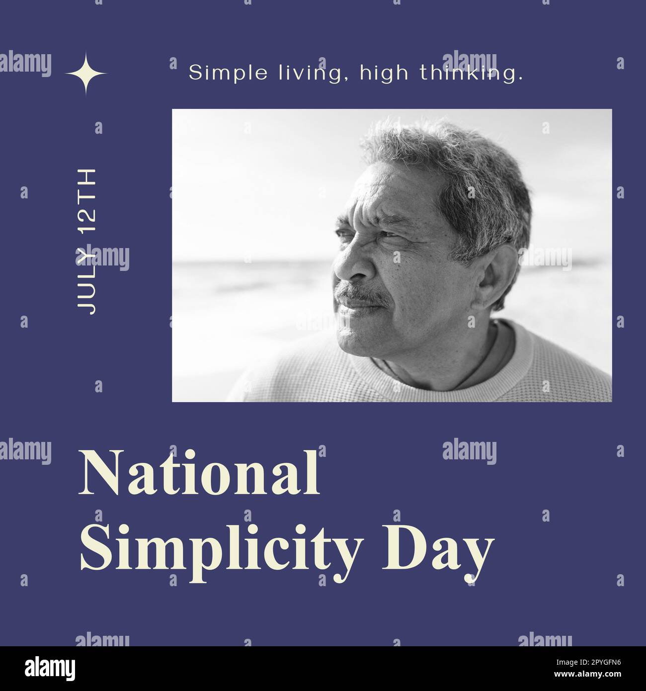 Zusammenstellung des Textes zum nationalen Einfachheitstag über den ranghohen birassischen Mann Stockfoto