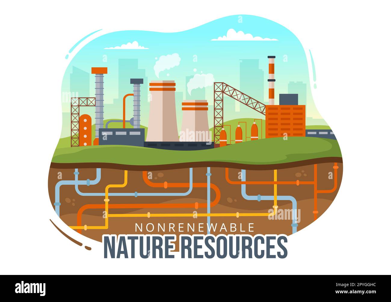 Illustration nicht erneuerbarer Energiequellen mit Kernbrennstoffen, Erdöl, Erdöl, Erdgas oder Kohlen in handgezogenen Vorlagen für flache Cartoons Stockfoto