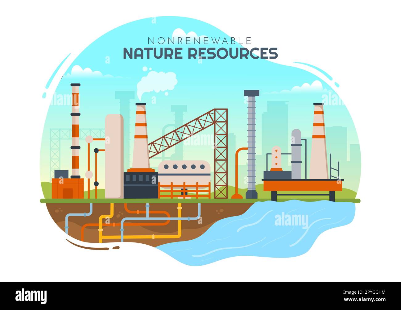 Illustration nicht erneuerbarer Energiequellen mit Kernbrennstoffen, Erdöl, Erdöl, Erdgas oder Kohlen in handgezogenen Vorlagen für flache Cartoons Stockfoto