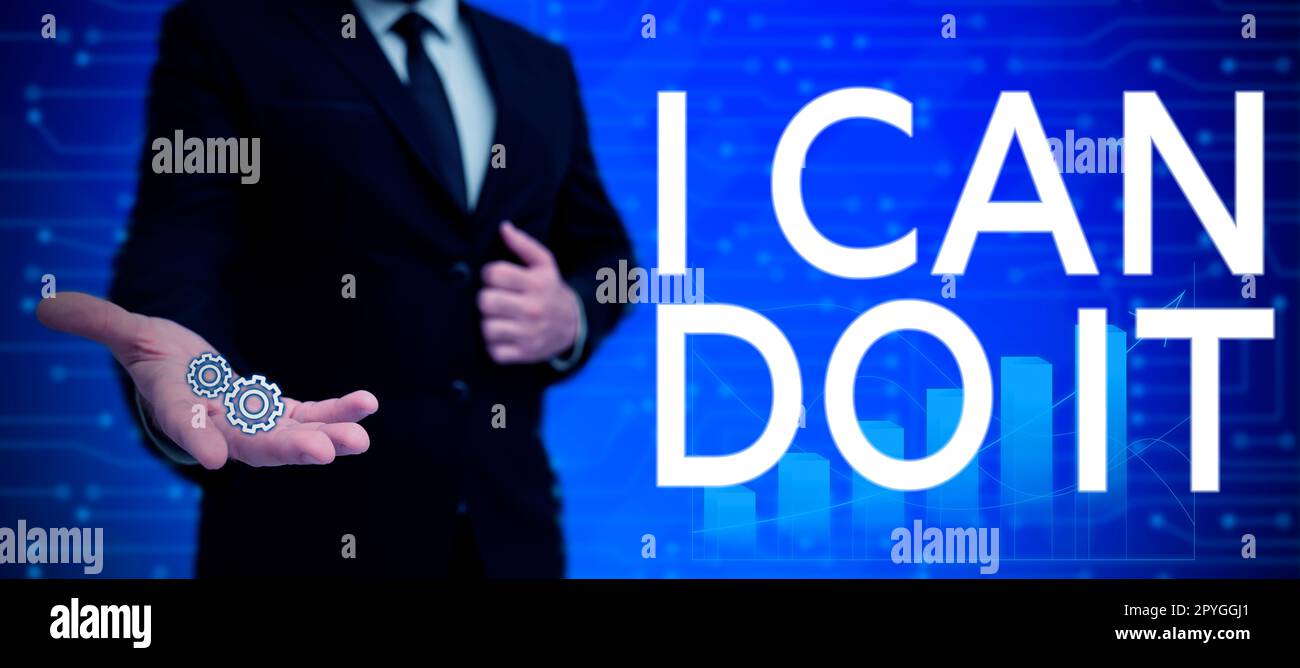 Mit der Hand ein Schild "Ich kann es tun" schreiben. Geschäftskonzept und Bereitschaft, Herausforderungen anzunehmen und anzunehmen, gute Einstellung Stockfoto