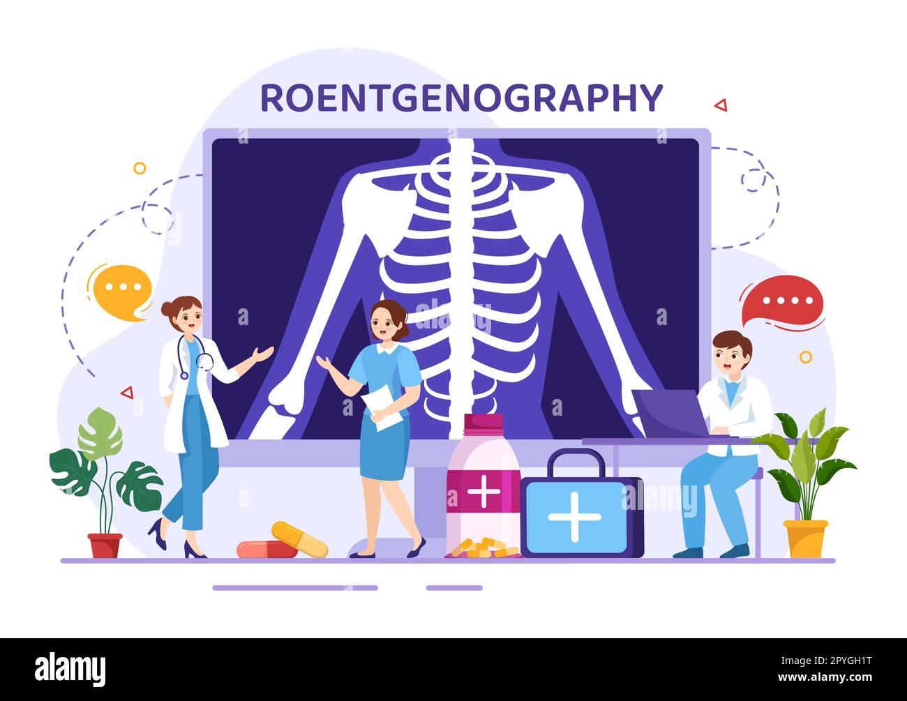 Röntgendarstellung mit Durchleuchtungs-Body-Check-Verfahren, Röntgen-Scanning oder Röntgen in Health Care Flat Cartoon handgezeichnete Vorlagen Stockfoto