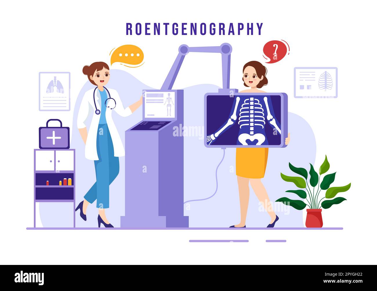 Röntgendarstellung mit Durchleuchtungs-Body-Check-Verfahren, Röntgen-Scanning oder Röntgen in Health Care Flat Cartoon handgezeichnete Vorlagen Stockfoto
