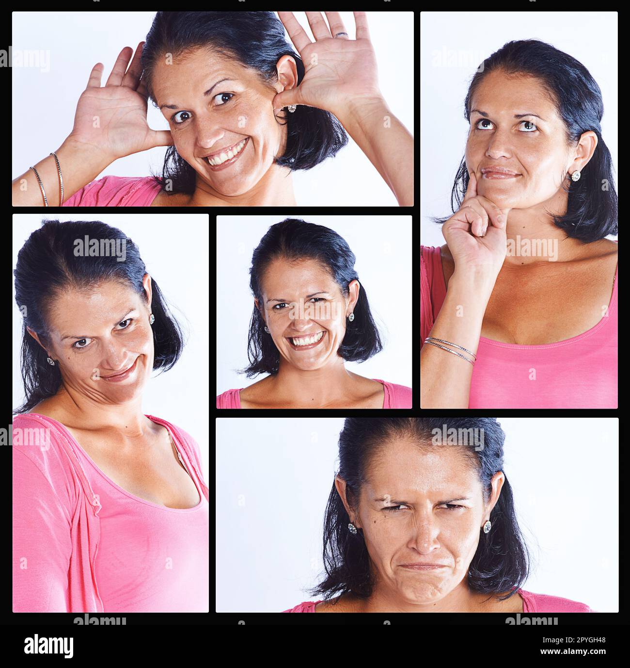 Ich habe einen Ausdruck für dich. Kompositaufnahme einer Frau mit verschiedenen Gesichtsausdrücken. Stockfoto