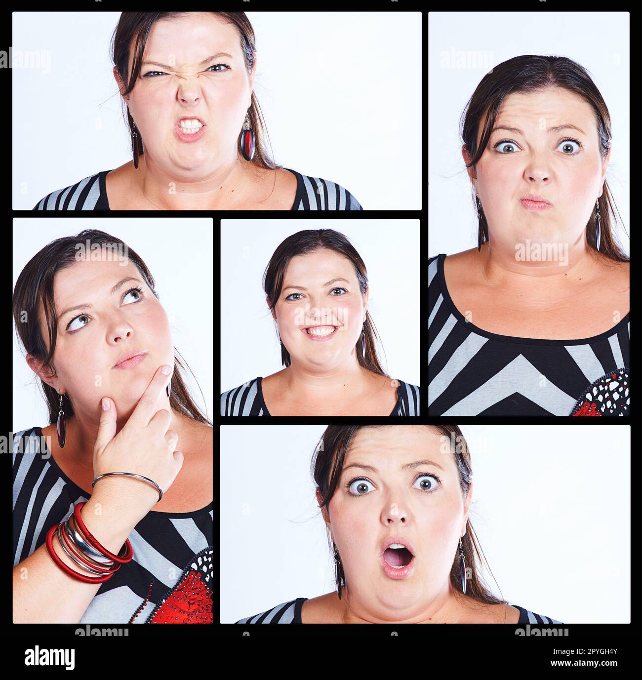 Der viele Ausdruck von mir. Kompositaufnahme einer Frau mit verschiedenen Gesichtsausdrücken. Stockfoto
