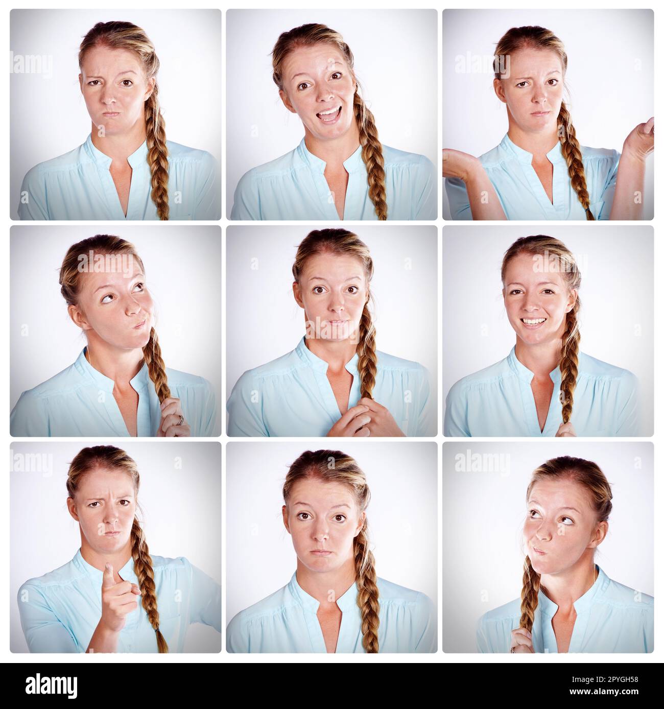 Ihr Gesicht sagt alles. Kompositaufnahme einer Frau mit verschiedenen Gesichtsausdrücken. Stockfoto