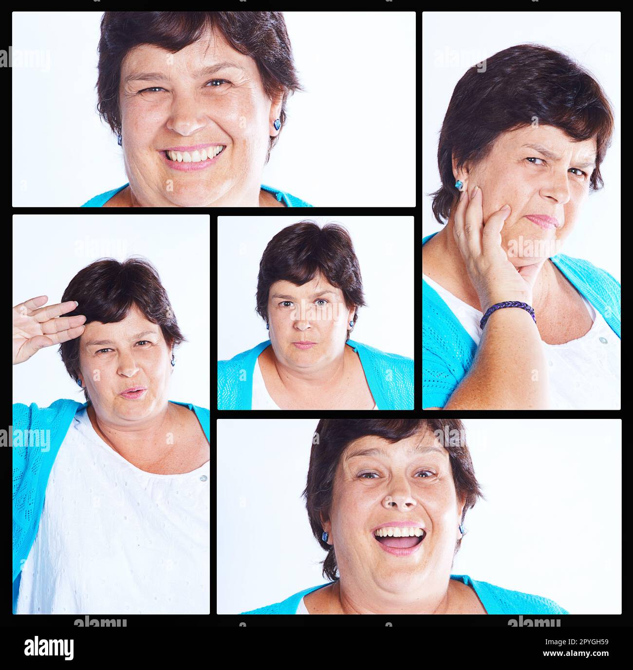 Sie hat ein Gesicht für jede Stimmung. Kompositaufnahme einer Frau mit verschiedenen Gesichtsausdrücken. Stockfoto