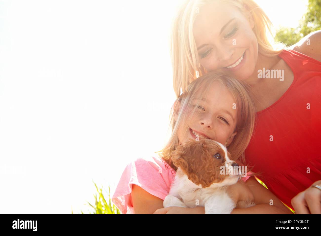 Tierbegleitung macht ein glücklicheres Zuhause. Porträt einer Mutter, Tochter und eines Welpen in der Wildnis. Stockfoto