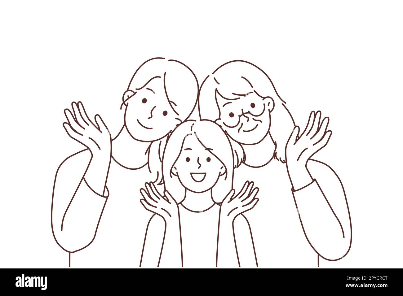 Porträt von lächelnden Frauen, die sich zusammen posieren und mit der Hand winken. Ein glückliches Mädchen mit Mutter und Großmutter zeigt die Einheit der Familie. Vecto Stockfoto