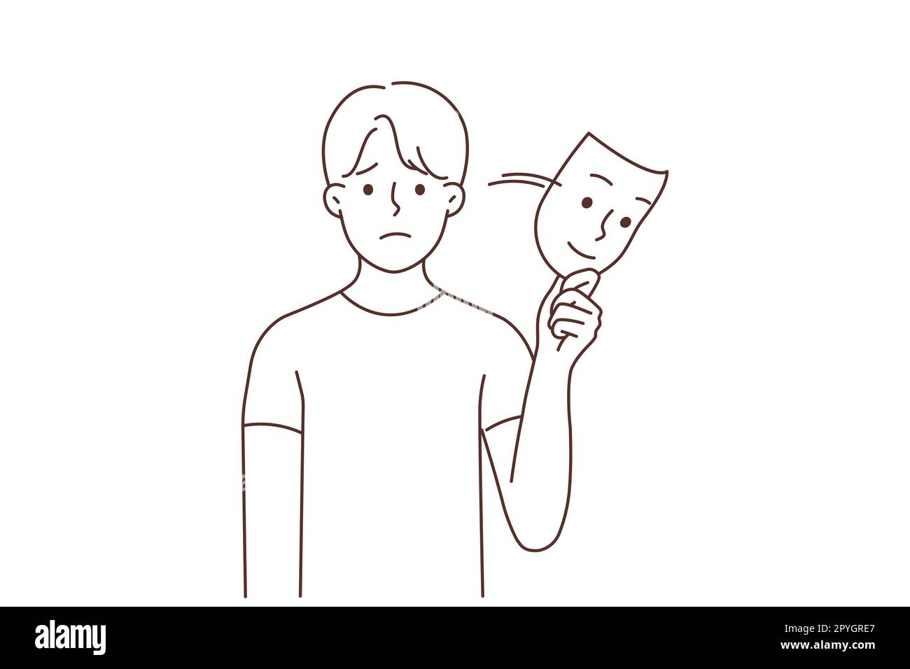 Ein unglücklicher Mann, der die lächelnde Maske abnimmt, zeigt, dass er unter Depressionen leidet. Ein verärgerter Kerl hat Stimmungsschwankungen und bipolare Störung, tut so, als ob jemand anders wäre Stockfoto