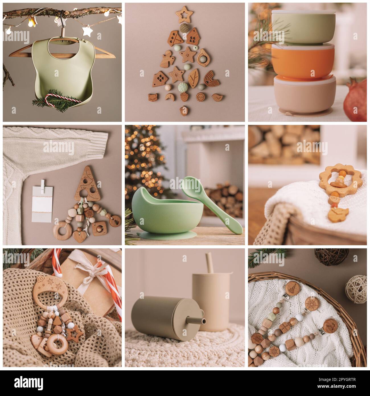 Collage mit neun Fotos zu Weihnachten Neujahr mit umweltfreundlichen Babyaccessoires. Silikongeschirr, Holzbeißringe, Schnullerhalter Stockfoto