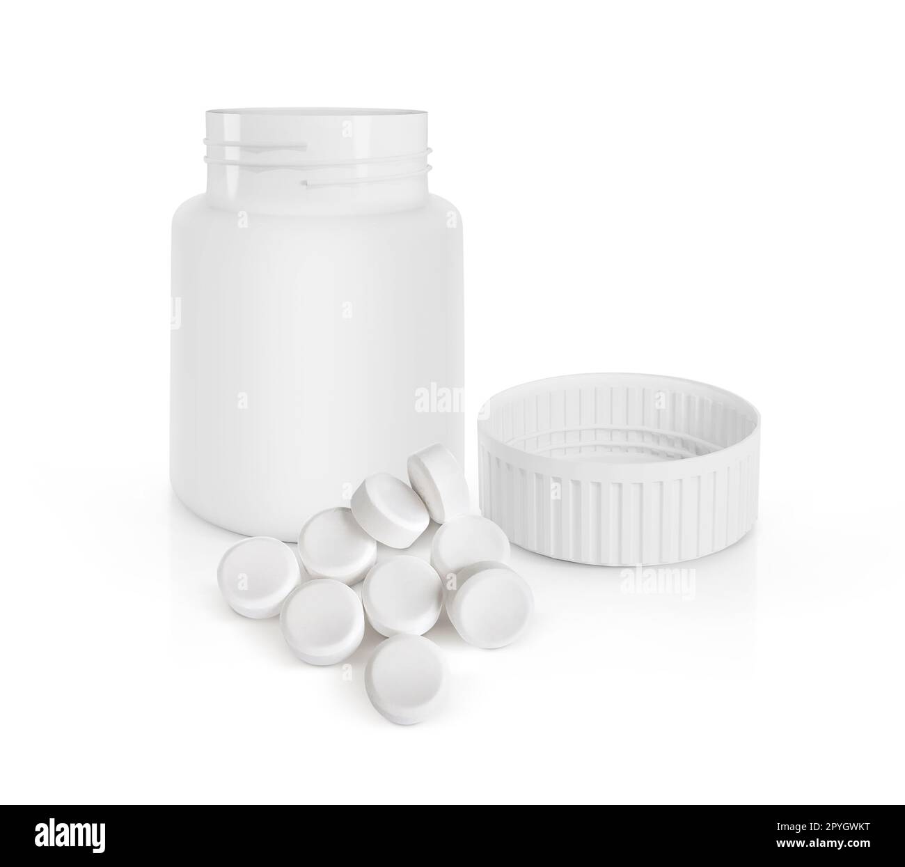 Tablettenflasche und weiße Pillen isoliert auf weißem Hintergrund Stockfoto