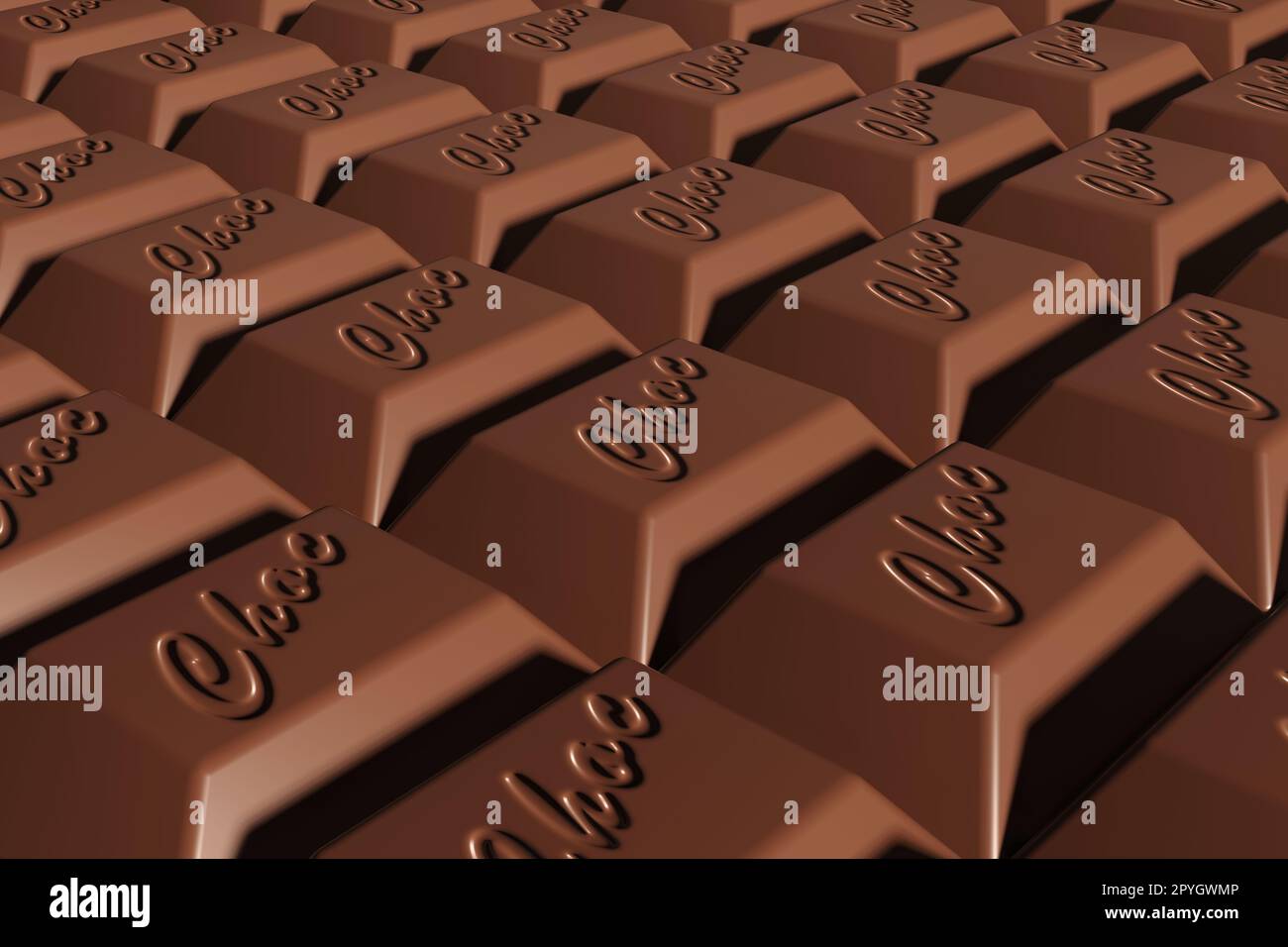 Ein Stück Schokoladenriegel mit dem Wort Choc (kurz für Schokolade). Konzept der Kakao- und Schokoladenindustrie und des Süßwarenmarktes Stockfoto