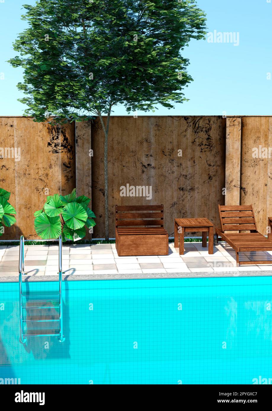 3D Darstellung einer mediterranen Außenfassade am Pool Stockfoto