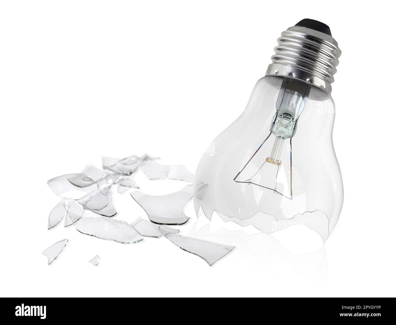 Defekte Glühbirne isoliert auf weißem Hintergrund Stockfoto