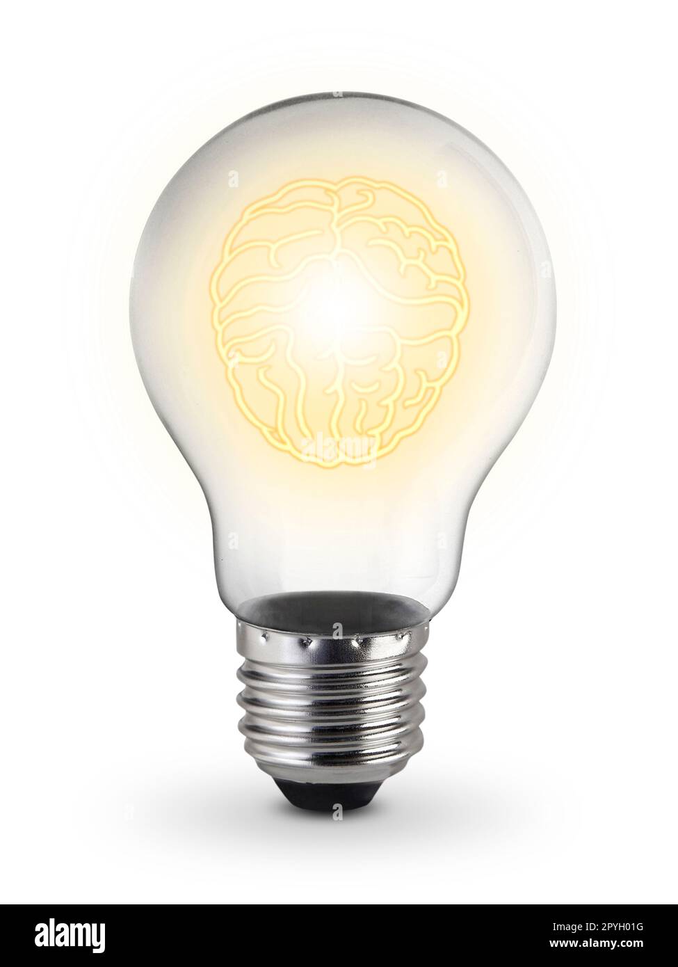 Menschliches Gehirn, das in einer Glühbirne auf weißem Hintergrund leuchtet, Inspirationskonzept Stockfoto