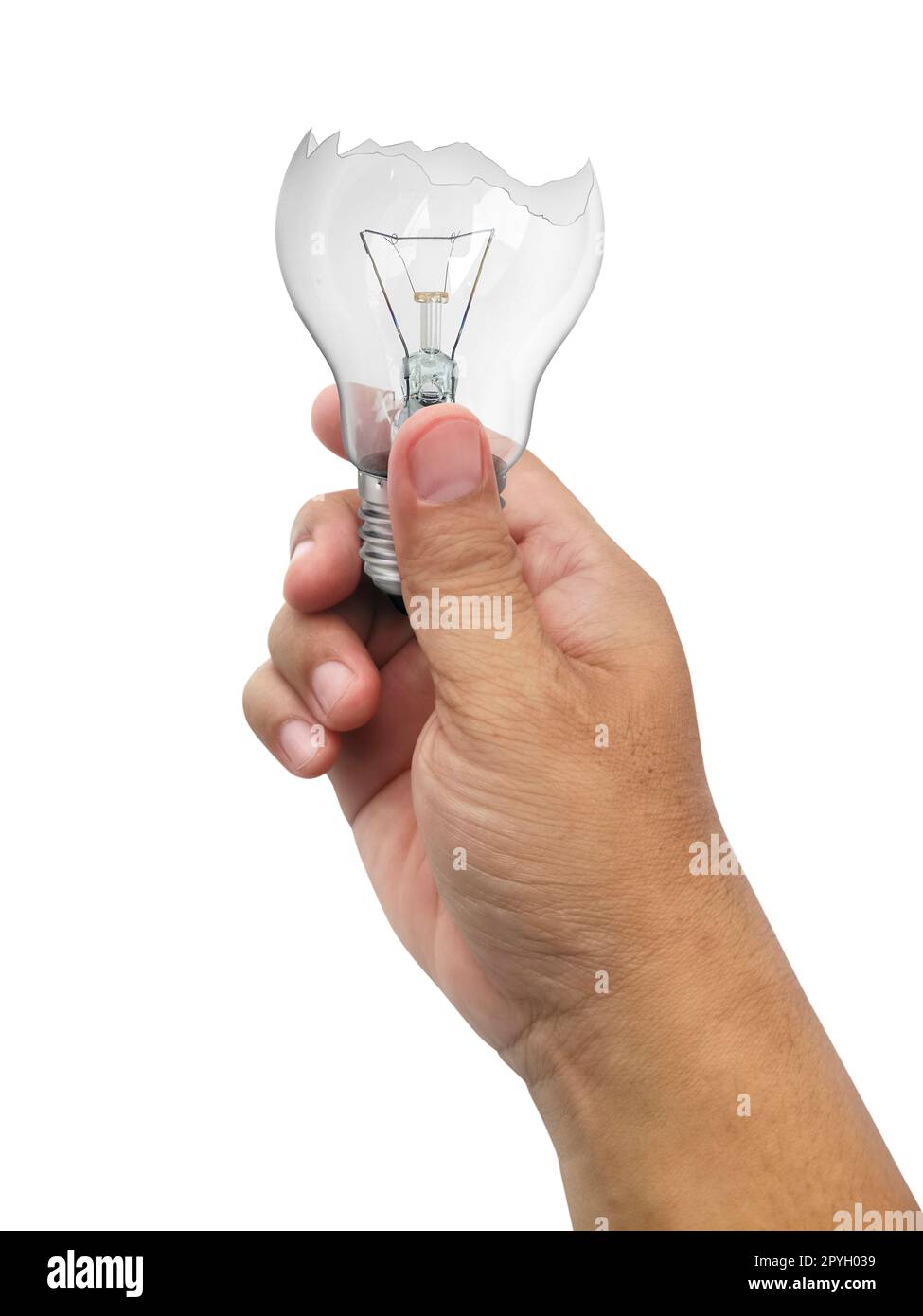 Die defekte Glühlampe in einer Hand, isoliert auf weißem Hintergrund Stockfoto Die defekte Glühlampe in einer Hand, isoliert auf weißem Hintergrund Stockfoto