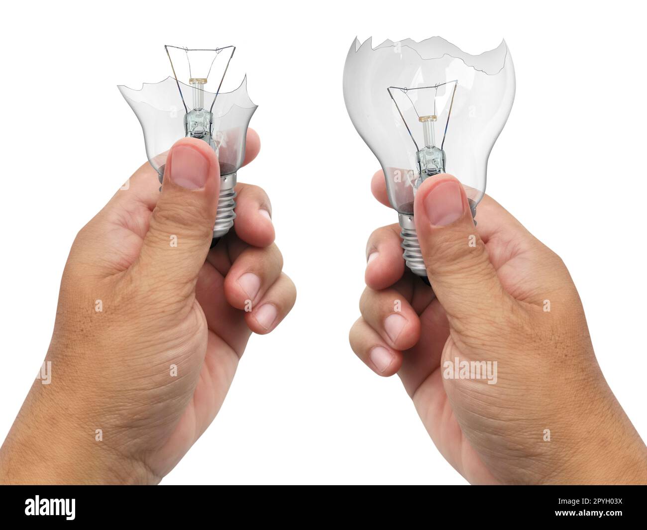 Die defekte Glühlampe in einer Hand, isoliert auf weißem Hintergrund Stockfoto Die defekte Glühlampe in einer Hand, isoliert auf weißem Hintergrund Stockfoto