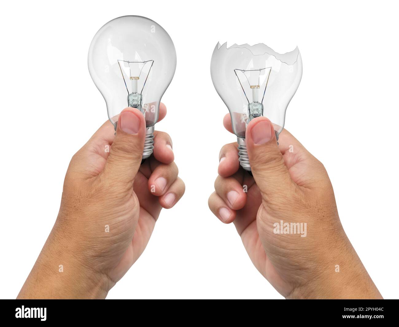 Die defekte Glühlampe in einer Hand, isoliert auf weißem Hintergrund Stockfoto Die defekte Glühlampe in einer Hand, isoliert auf weißem Hintergrund Stockfoto