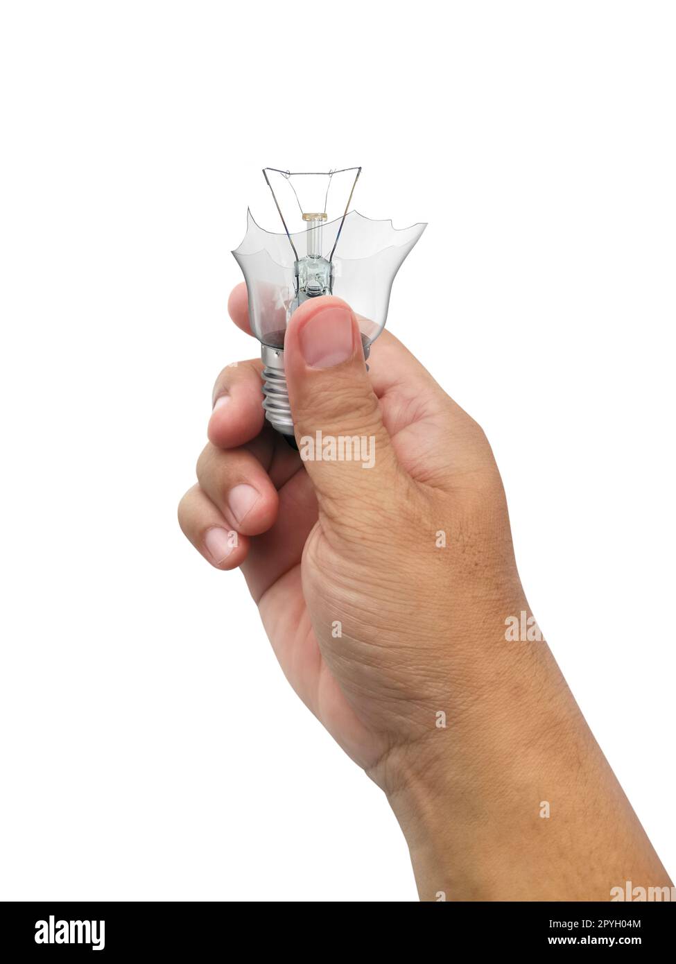 Die defekte Glühlampe in einer Hand, isoliert auf weißem Hintergrund Stockfoto Die defekte Glühlampe in einer Hand, isoliert auf weißem Hintergrund Stockfoto
