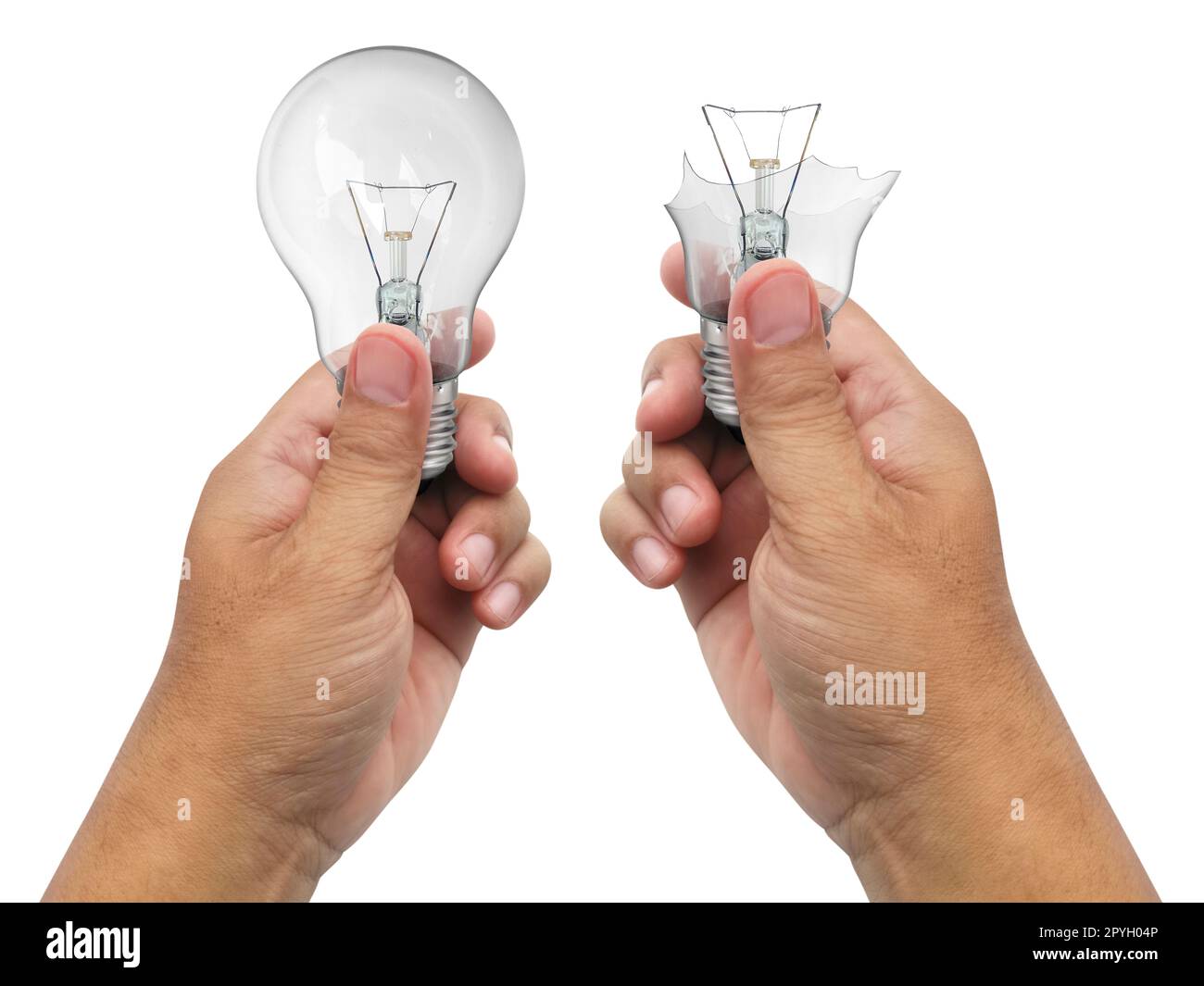 Die defekte Glühlampe in einer Hand, isoliert auf weißem Hintergrund Stockfoto Die defekte Glühlampe in einer Hand, isoliert auf weißem Hintergrund Stockfoto
