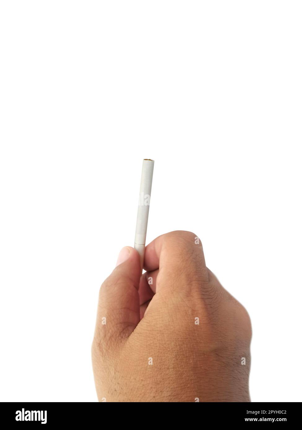 Eine Zigarette in der Hand, isoliere Hand und Zigarette, weißer Hintergrund Stockfoto