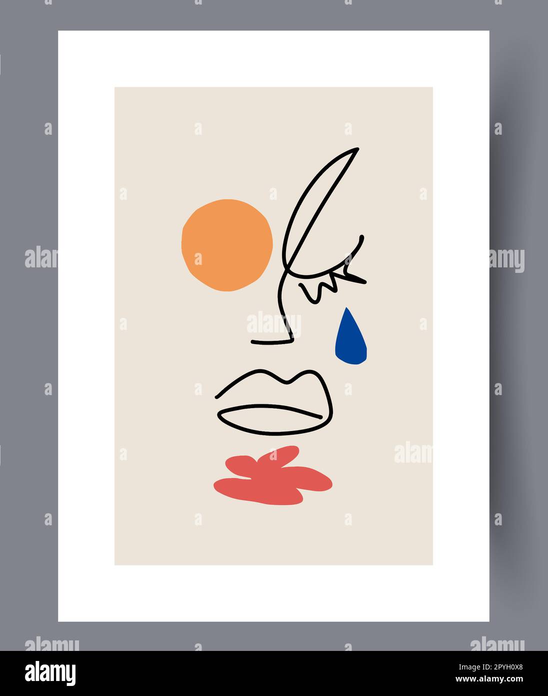 Portrait Gesicht aufgeregte Frau Wandbild Druck. Zeitgenössischer dekorativer Hintergrund mit Frau. Wandgemälde für die Innengestaltung. Druckbare minimale Abstraktion Stockfoto