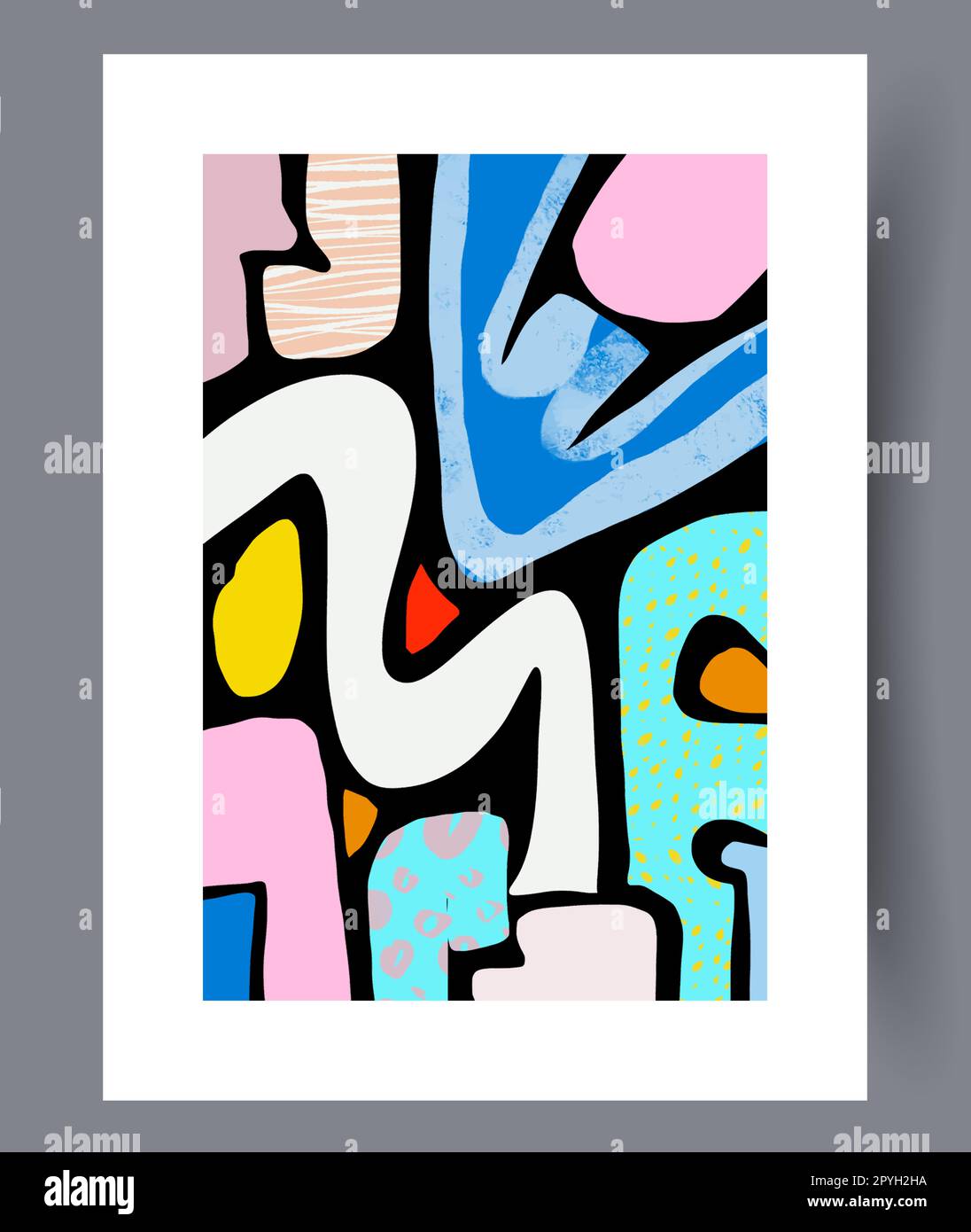 Abstrakte Elemente farbenfroher Wanddruck mit Halluzinationen. Druckbares Poster mit minimalen abstrakten Elementen. Zeitgenössischer dekorativer Hintergrund mit Halluzinationen Stockfoto