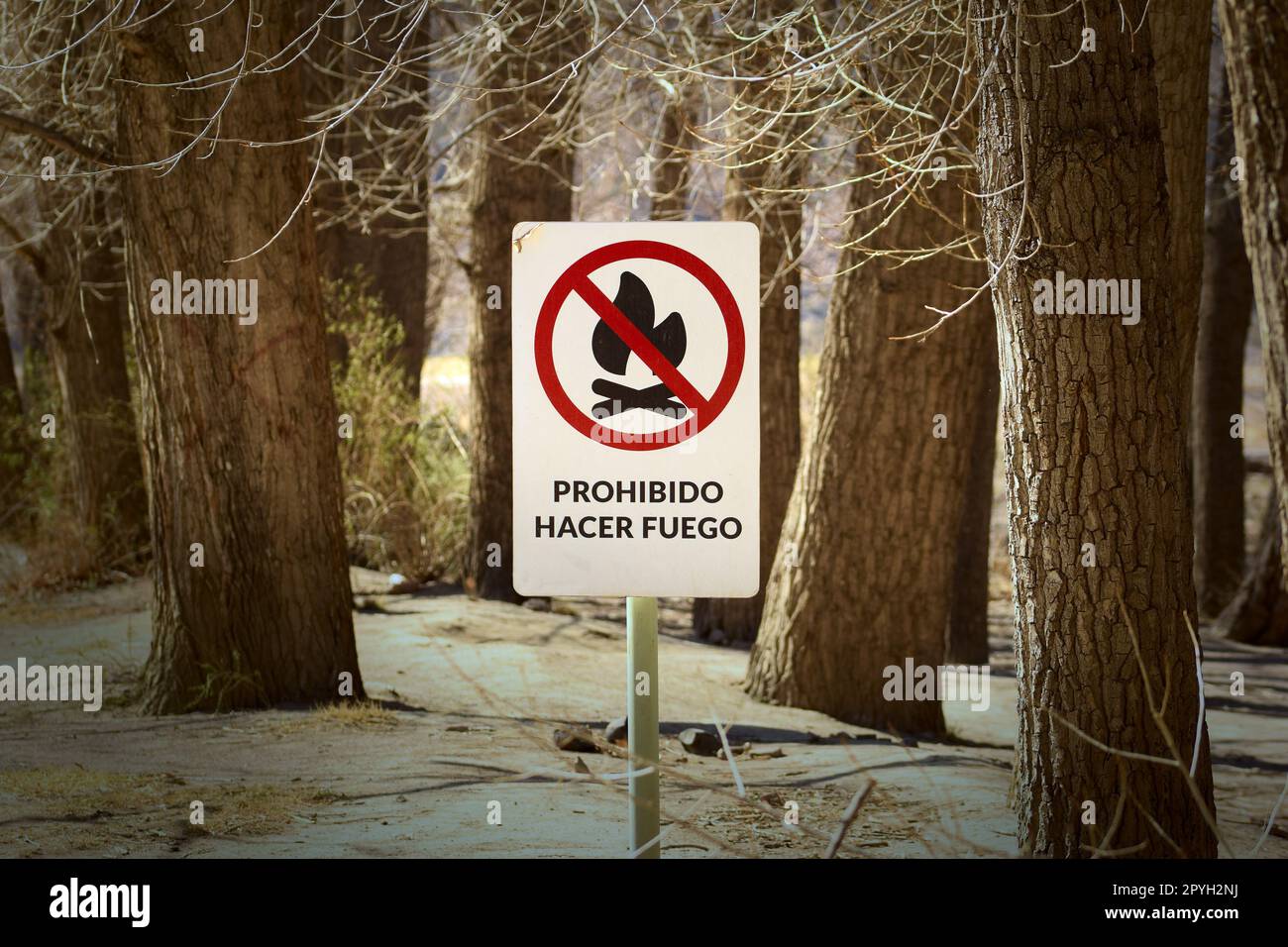 In Mendoza, Argentinien, steht ein Schild mit der Aufschrift „Fire Forbidden“. Stockfoto