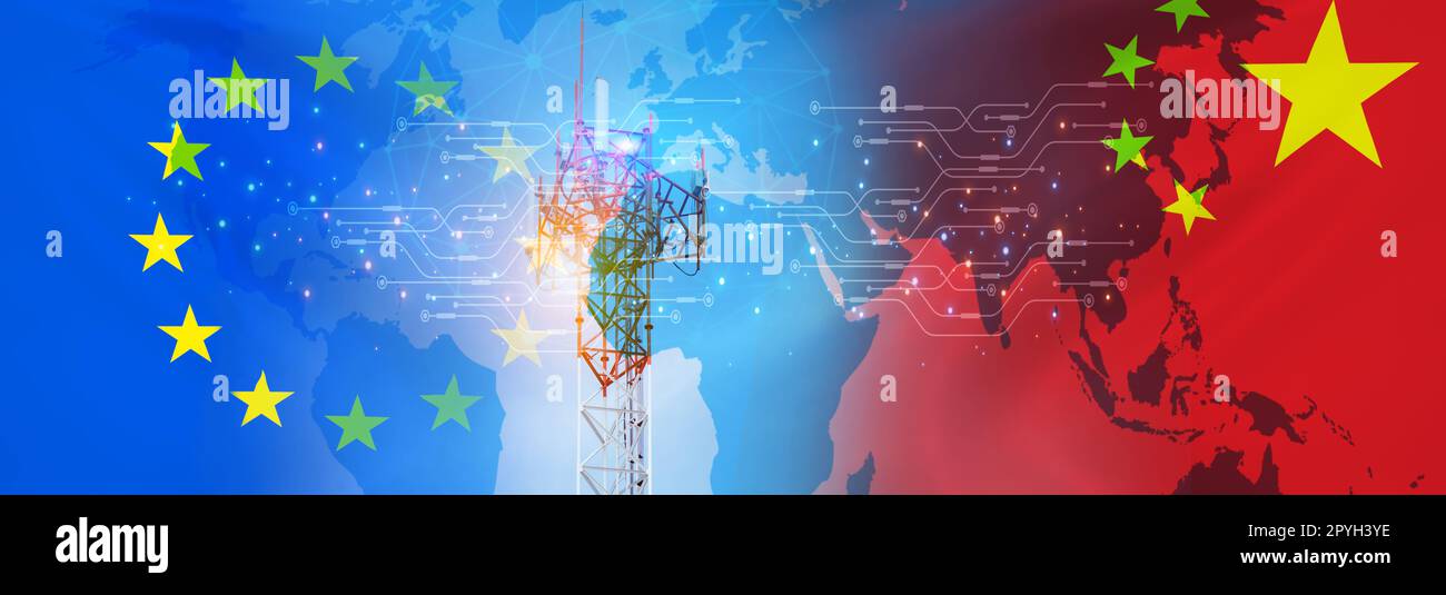 Chinesische 5G-Technologie im EU-Konzept. Telekommunikationsturm für 5G-Netzwerk. Die Flagge Europas und chinas. Kommunikationstechnologie. Mobil- oder Telekommunikations-5G-Netzwerk. Netzwerkverbindungsgeschäft. 5G-Service. Stockfoto