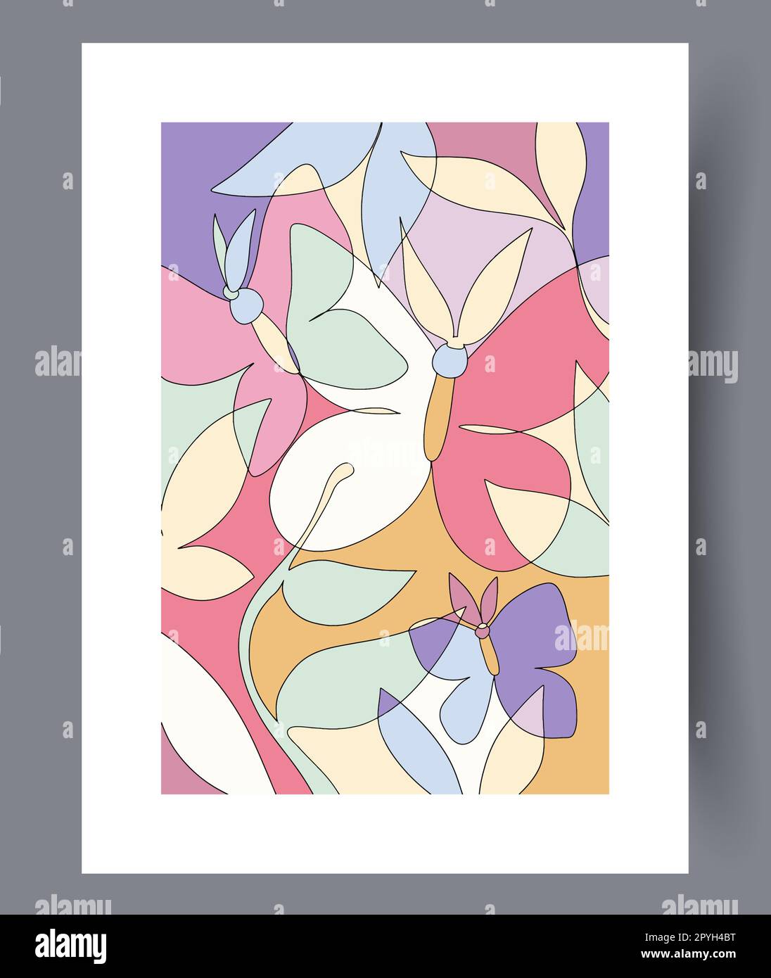 Wandmotiv mit Tierschmetterlingen und Frühlingsstimmung. Druckbares Poster mit minimalen abstrakten Schmetterlingen. Wandgemälde für die Innengestaltung. Zeitgenössisch dekorativ Stockfoto
