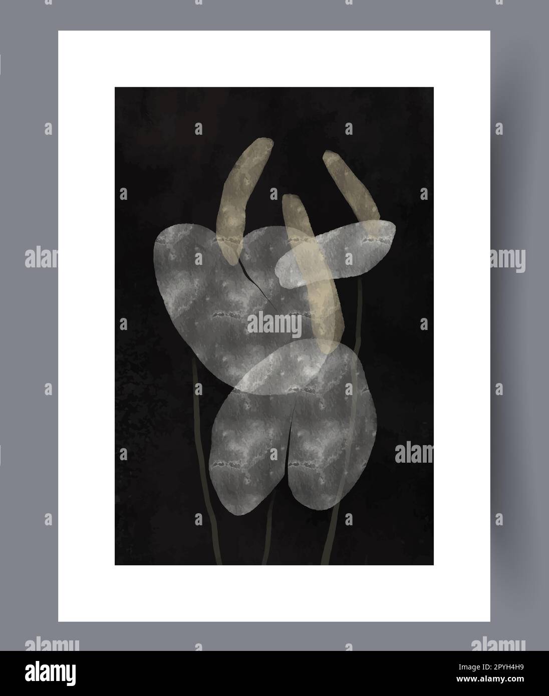 Stille Blume Ästhetik Lilien Wandmotiv. Zeitgenössischer dekorativer Hintergrund mit Lilien. Wandgemälde für die Innengestaltung. Minimal druckbar Stockfoto