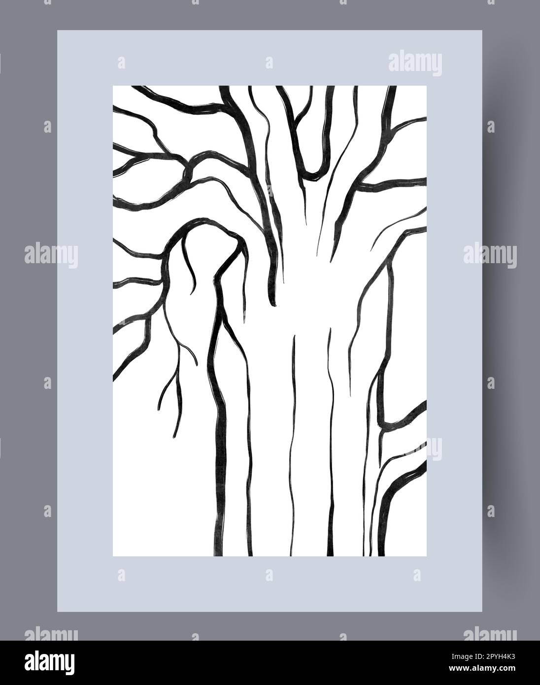 Still Life Baum Vegetale Zweige Wandmotiv. Zeitgenössischer dekorativer Hintergrund mit Zweigen. Druckbares minimalistisches abstraktes Baumposter. Wandschmuck Stockfoto