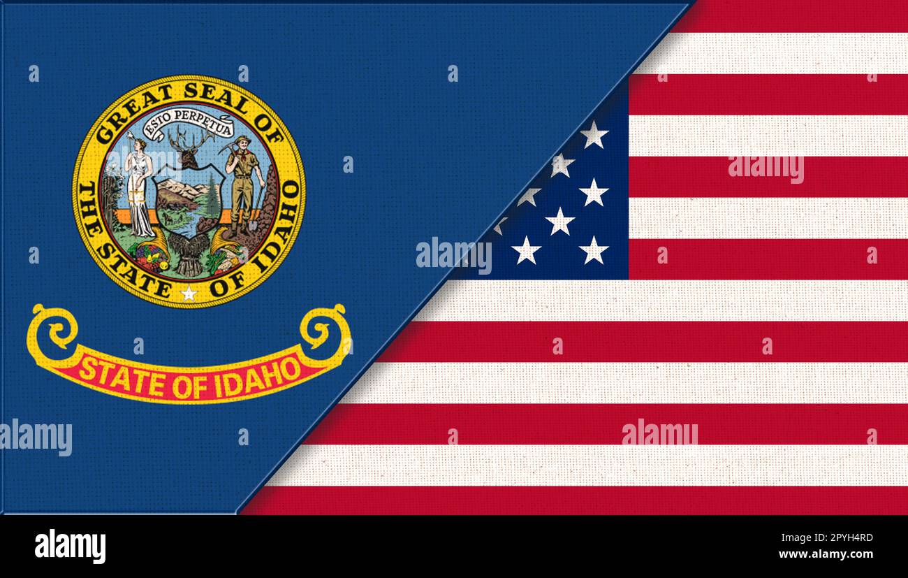 Flaggen der USA und Idaho. Politisches Konzept. Amerikanische Nationalflaggen und Idaho-Flaggen Stockfoto