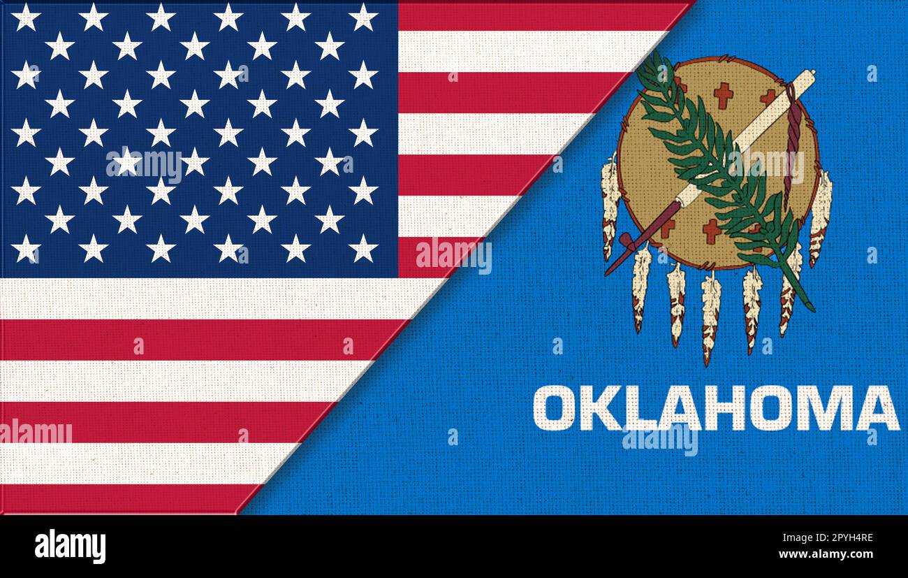 Flaggen der USA und Oklahoma. Politisches Konzept. Amerikanische und Oklahoma-Flagge Stockfoto