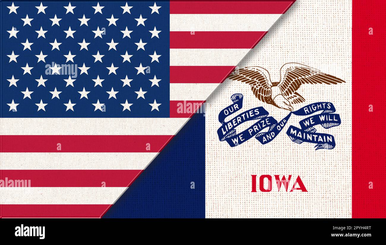 Flaggen der USA und Iowa. Politisches Konzept. Amerikanische Nationalflaggen und Iowa-Flaggen Stockfoto