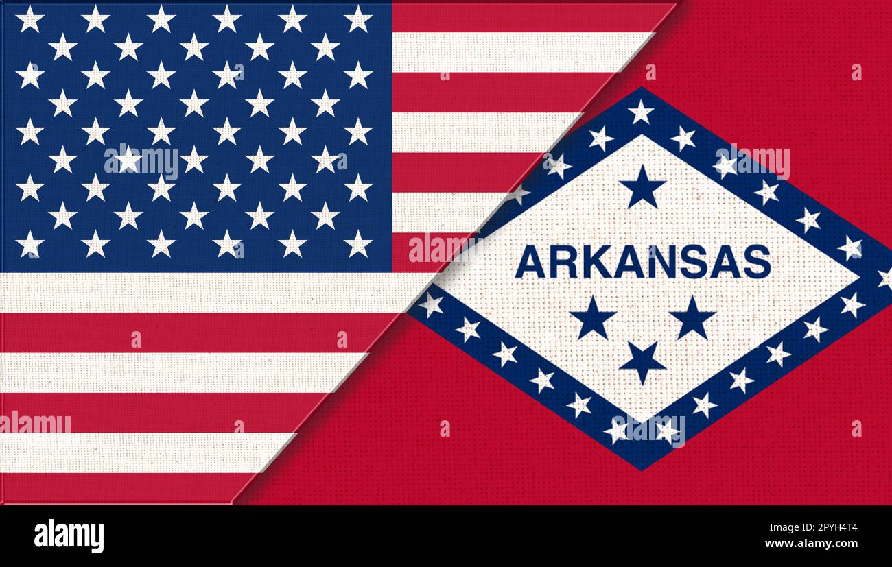 Flaggen der USA und Arkansas. Politisches Konzept. Zwei Fahnen auf der Gewebeoberfläche Stockfoto