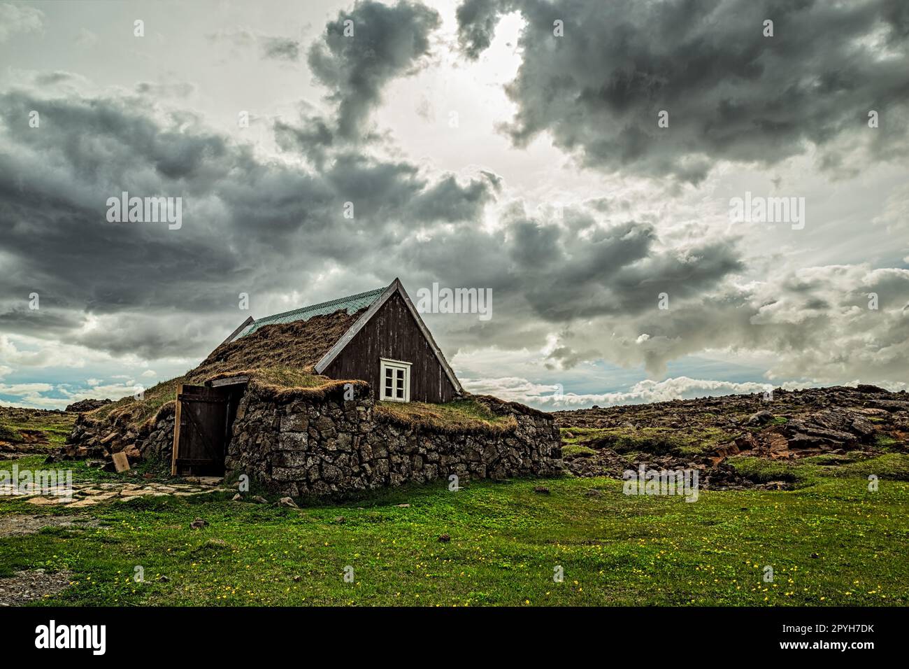Traditionelles isländisches Turfhaus in Hveravellir Stockfoto
