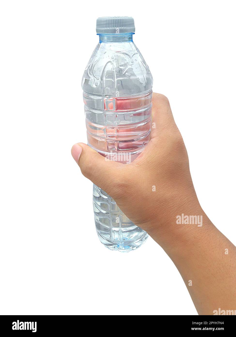 Flasche Wasser in der Hand isoliert auf weißem Hintergrund Stockfoto